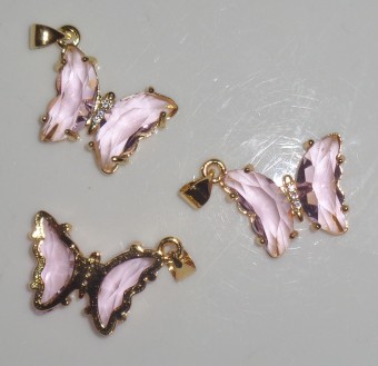 Pandant auriu, fluture cu cristale zirconiu roz pal 24x22x4mm (1buc)