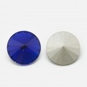 Cabochon sticla rotund fatetat 18x9mm, albastru cerneala cu spate conic (1buc)