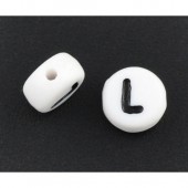 Margele Acril alfabet negru pe fond alb, litera 'L' 7mm - 50buc (calit.1)