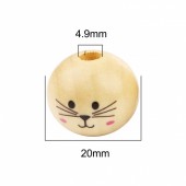 Margele lemn 20mm diam. natur Lacuit cu figura pisicuta, gaura 5mm (1buc)
