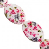 Margele sidef ovale 30x20mm cu flori roz (1buc)